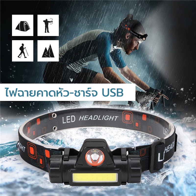 ไฟฉายคาดหัว Outdoor ไฟฉายคาดหัวแบบชาร์จได้ ไฟฉายชาร์จไฟ USB echargeable Headlight กันน้ำใช้กลางแจ้งตกปลา