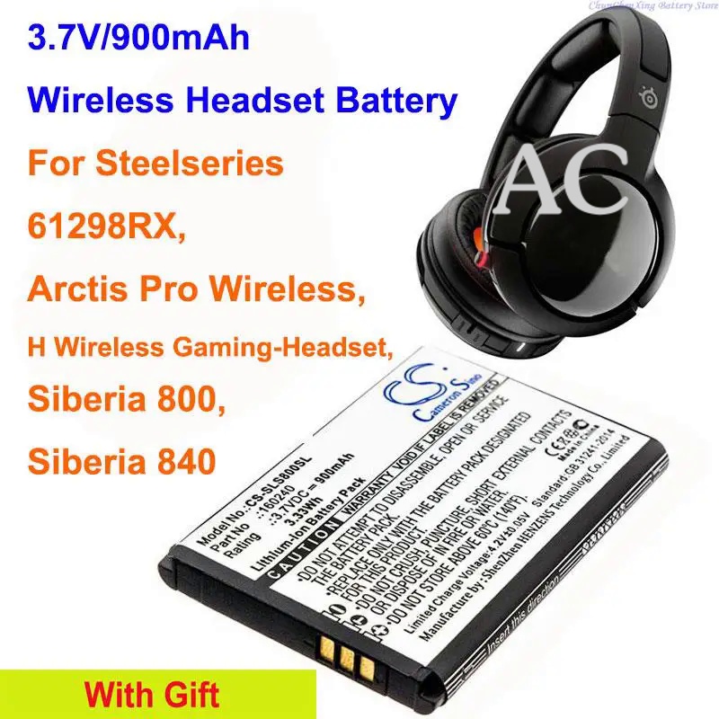 AC Cameron Sino 900mAh Battery 160240 for Steelseries 61298RX, H Wireless Gaming-Headset, Siberia 80