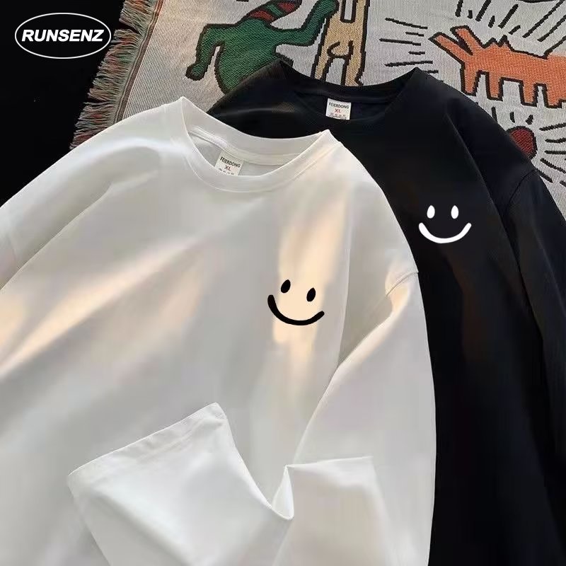 เสื้อยืดลําลอง แขนยาว คอกลม พิมพ์ลายหน้ายิ้ม ทรงหลวม พลัสไซซ์ แฟชั่นสําหรับผู้ชาย ไซซ์ M-8XL