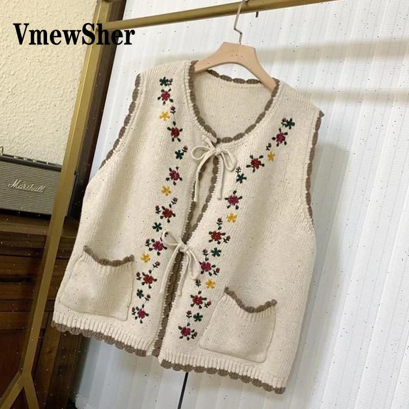 Vmewsher เสื้อกันหนาวแขนกุด คอวี ผ้าถัก ปักลายดอกไม้ สไตล์เรโทร แฟชั่นฤดูใบไม้ผลิ ฤดูใบไม้ร่วง สําหรับผู้หญิง