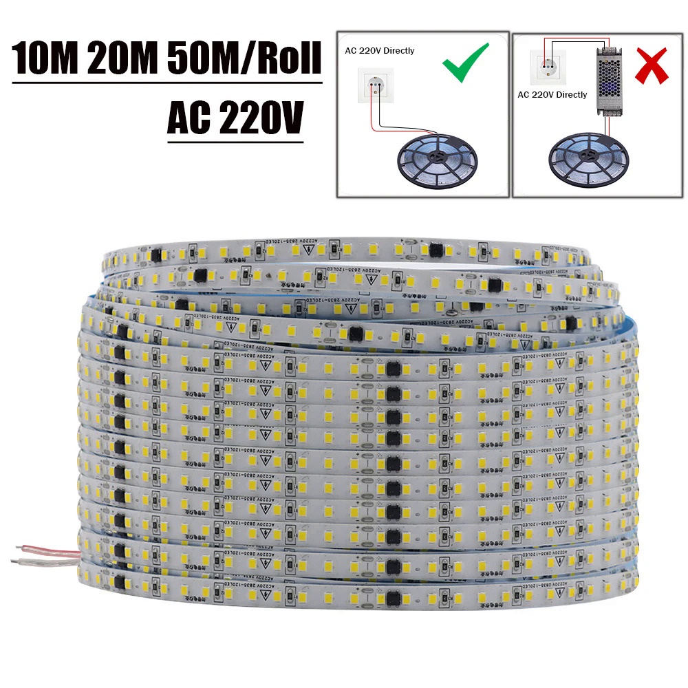 10m 20M/ม้วน AC 220V LED Strip ไม่ต้องใช้ไดร์เวอร์ไม่กันน้ํา 3000K 4000K 6000K 2835 120Leds/M ยืดหยุ่นริบบิ้นเชือกเทปแสง