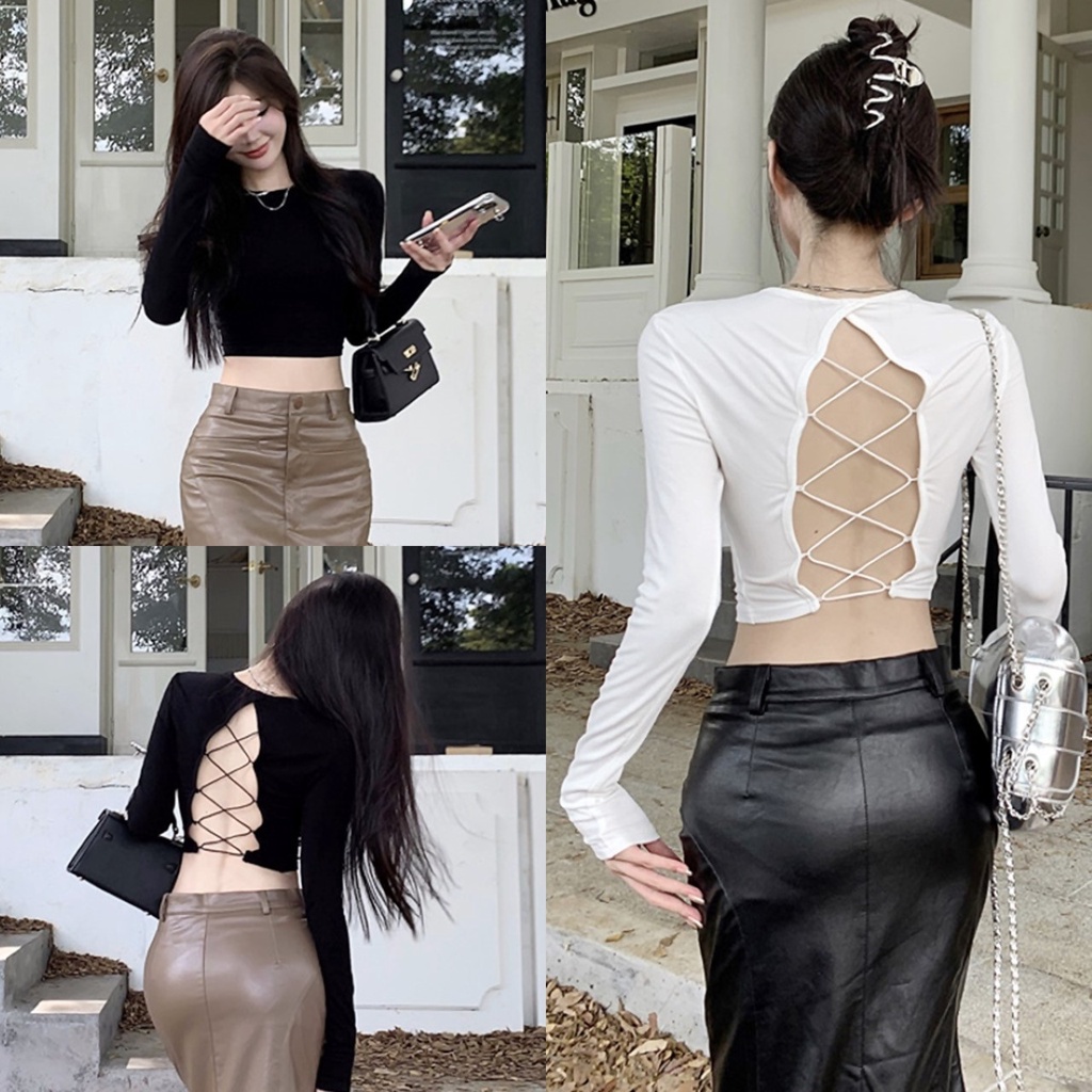 🔥ราคาถูกที่สุด🔥เสื้อยืดแฟชั่น ด้านหลังเปิด แต่งสายไขว้ แขนยาวคอกลม 2 สี