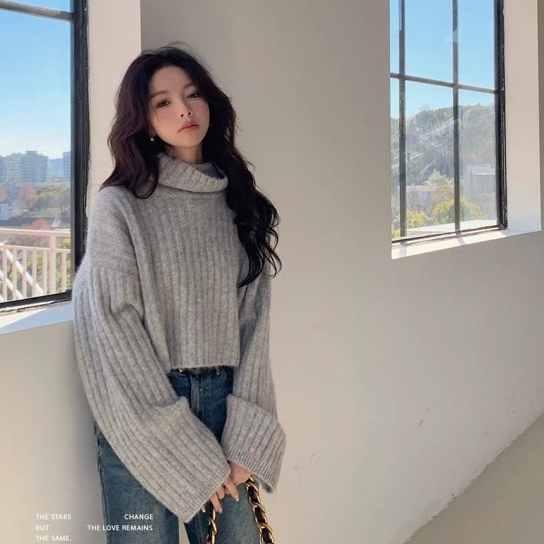 เสื้อกันหนาว คอเต่า แบบหนา สีเทา แฟชั่นฤดูใบไม้ร่วง และฤดูหนาว สไตล์เกาหลี สําหรับผู้หญิง
