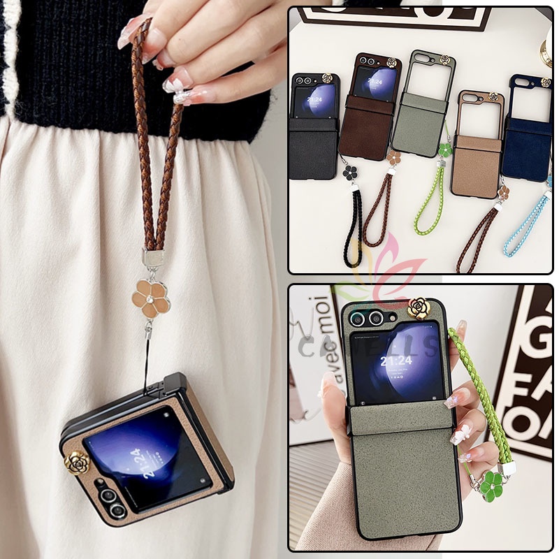 สร้อยข้อมือดอกไม้ย้อนยุคสายรัดข้อมือหนัง Lunar PitรูปแบบปลอกหนังPU Samsung Z Flip 6 Z Flip 5 Flip 4 