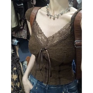 MODISOK Top /  Atasan Top Wanita Coklat Lengan Pendek Kain Renda V-Neck Elegan