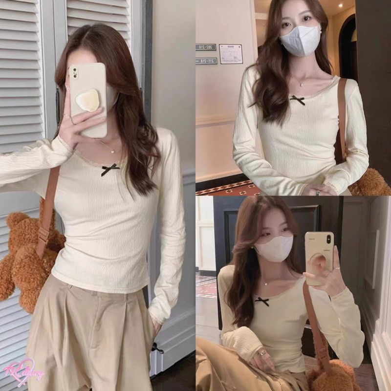 (จัดส่งจากกรุงเทพฯ) ฤดูใบไม้ผลิและฤดูใบไม้ร่วงรูปแบบใหม่ ตกแต่งโบว์ ลูกไม้ ผอมเพรียว เสื้อยืดสตรีแขนยาวคอกลม