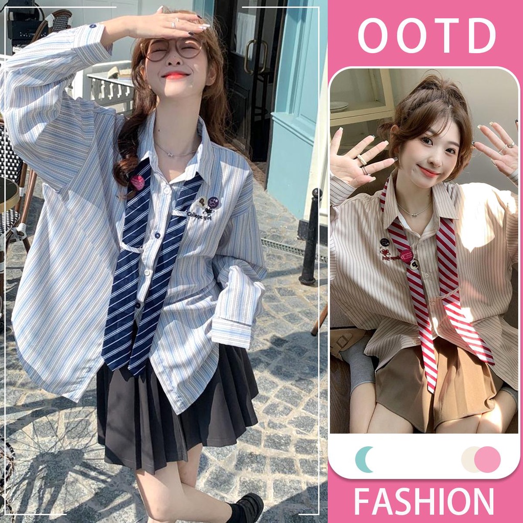 KOKO W289 เสื้อเชิ้ตลายทางน่ารัก เสื้อแขนยาว โอเวอร์ไซส์ แฟชั่น วินเทจ มีเน็คไท สไตล์เกาหลี ผ้ามีความนุ่มและไม่ยับง่าย