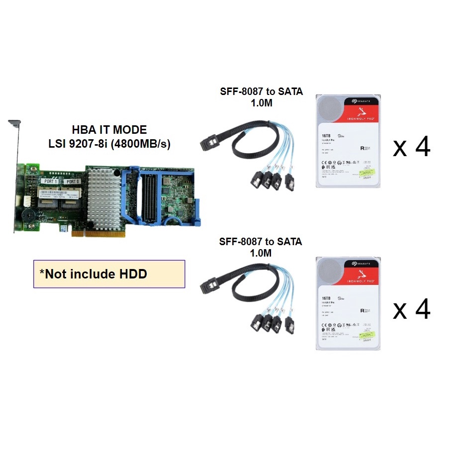 การ์ด HBA LSI 9207-8i (IT Mode) 6Gbs SATA SSD HDD PCIe3.0 X8 + สาย SFF-8087 to SATA for FreeNAS ZFS 