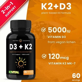 วิตามิน K2 (MK7) พร้อมอาหารเสริม D3 - วิตามิน D&K Complex - รองรับสุขภาพ, ความแข็งแรงของกระดูก