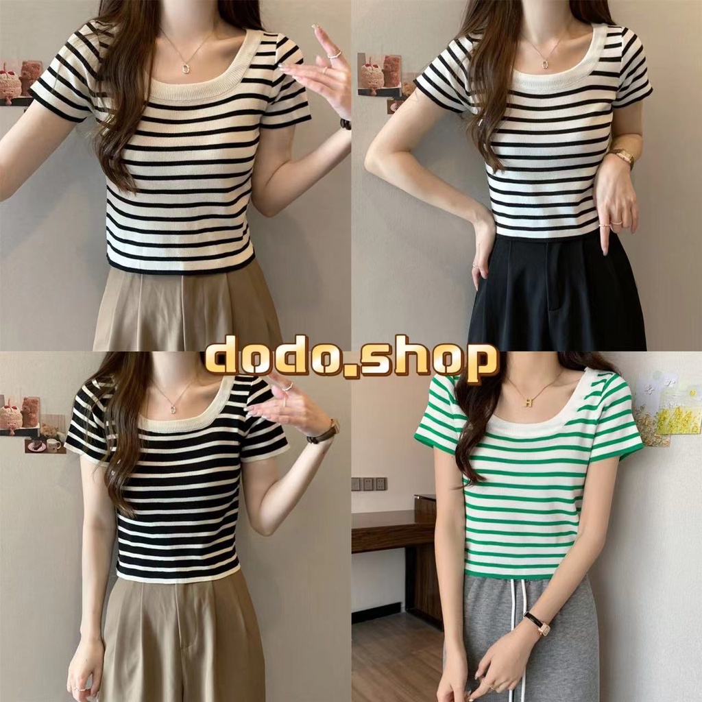 DoDoสินค้าพร้อมส่ง*เสื้อไหมพรมแขนสั้นคอกลมดีเทลลายทางผ้าร่องสีพื้นสาวตัวเล็กใส่สวยมาก(88618)