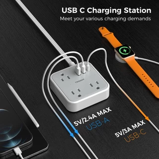 TESSAN ปลั๊กพ่วง ปลั๊กไฟ ซ็อกเก็ตต่อขยาย แบบบางพิเศษ พร้อม USB Type C อเนกประสงค์ ทนทาน คุณภาพสูง