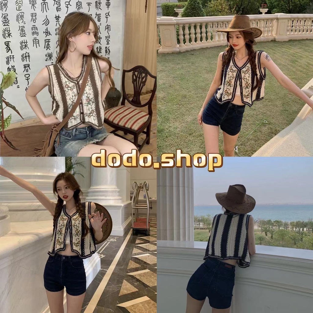 DODO*สินค้าพร้อมส่ง*เสื้อกล้ามถักไหมพรมถักทั้งตัวดีเทลลายดอกไม้น่ารักๆเก๋ดี(19037)