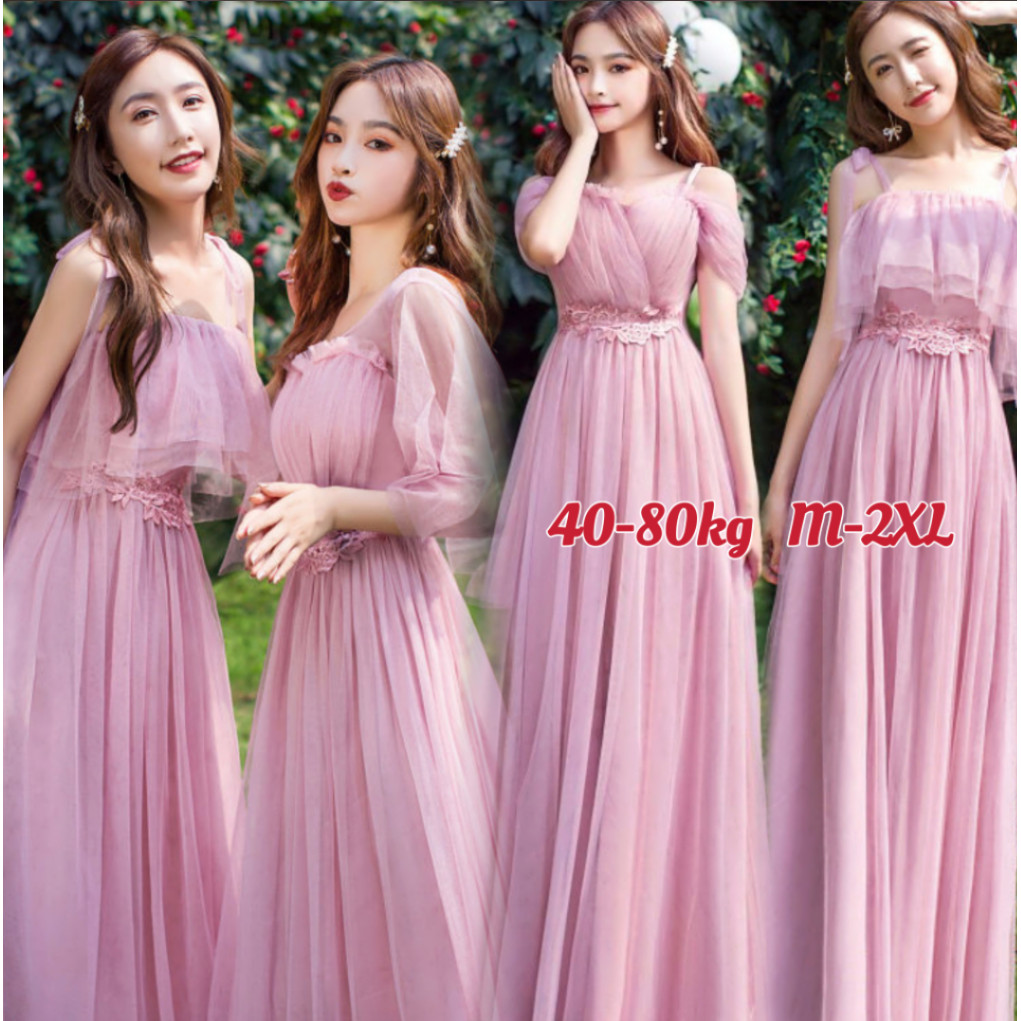 ชุดเพื่อนเจ้าสาวสีชมพูกลางยาวน้องสาวกลุ่มผอมอารมณ์ชุดแต่งงาน มิดิ ชุดราตรี