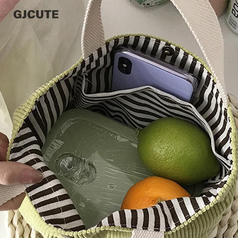 Gjcute กระเป๋าผู้หญิง Corduroy HandBags ถุงอาหารกลางวันแบบใช้ซ้ําได้ Casual Shopping Storage กระเป๋าสไตล์ญี่ปุ่น Vintage สีทึบกระเป๋า WTD