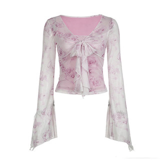 [WK OUTLET] Atasan Cewek Kekinian Model Pita Depan - Blouse Lengan Flare Motif Bunga Korean Look
