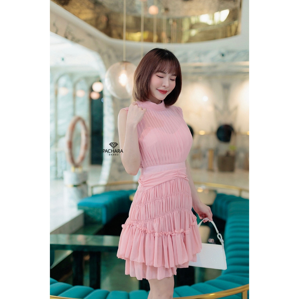 Mom.ss (พร้อมส่ง) PACHARA9 เดรสสั้นคอปีนแขนกุดสีชมพูนู้ด  สวยๆ mom.shop