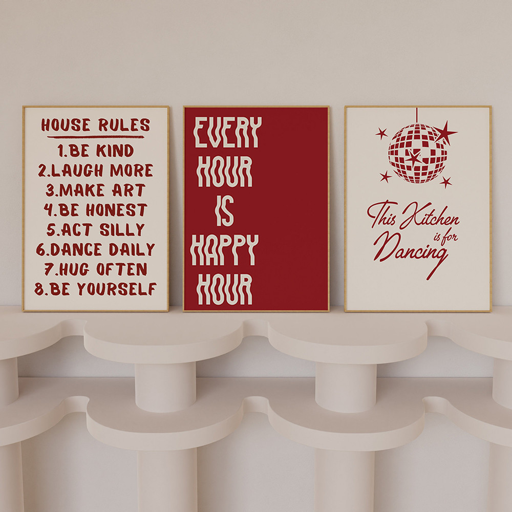 อินเทรนด์ Retro Wall Prints Bar สีแดง Preppy Love Heart ภาพวาดผ้าใบ YK2 Kitchen Decor
