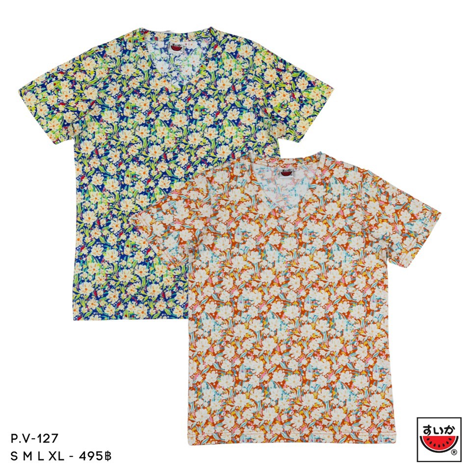 เสื้อแตงโม (SUIKA) - เสื้อแตงโม เสื้อยืดคอวี พิมพ์ลายดอกไม้ (P.V-127)