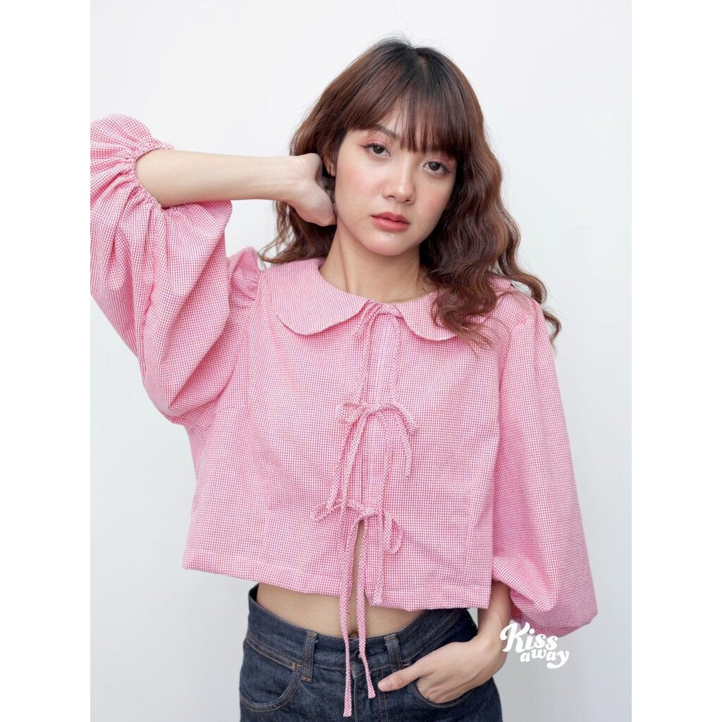 เสื้อครอปคอบัว Chérie (143) แขนยาววินเทจ ดีเทลโบว์ผูกสุดเก๋น่ารักตะโกนเหมือนเดินออกมาจากซีรีส์เกาหลี
