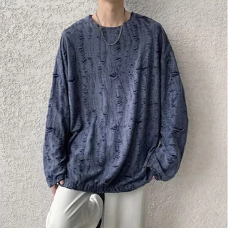 Distressed Textured Long Tee เสื้อยาวแขนยาวผู้ชายผ้าลายรอยฉีกทรงโอเวอร์ไซซ์ ผ้านุ่มระบายอากาศ มี3สี ดำ/เทา/น้ำเงิน Size M-3XL