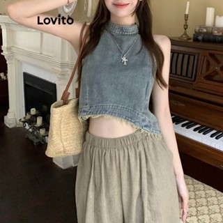 Lovito เสื้อยีนลําลอง มิ้มดิบ ทรงไม่สมมาตร สําหรับผู้หญิง LNA21128 (สีฟ้า)