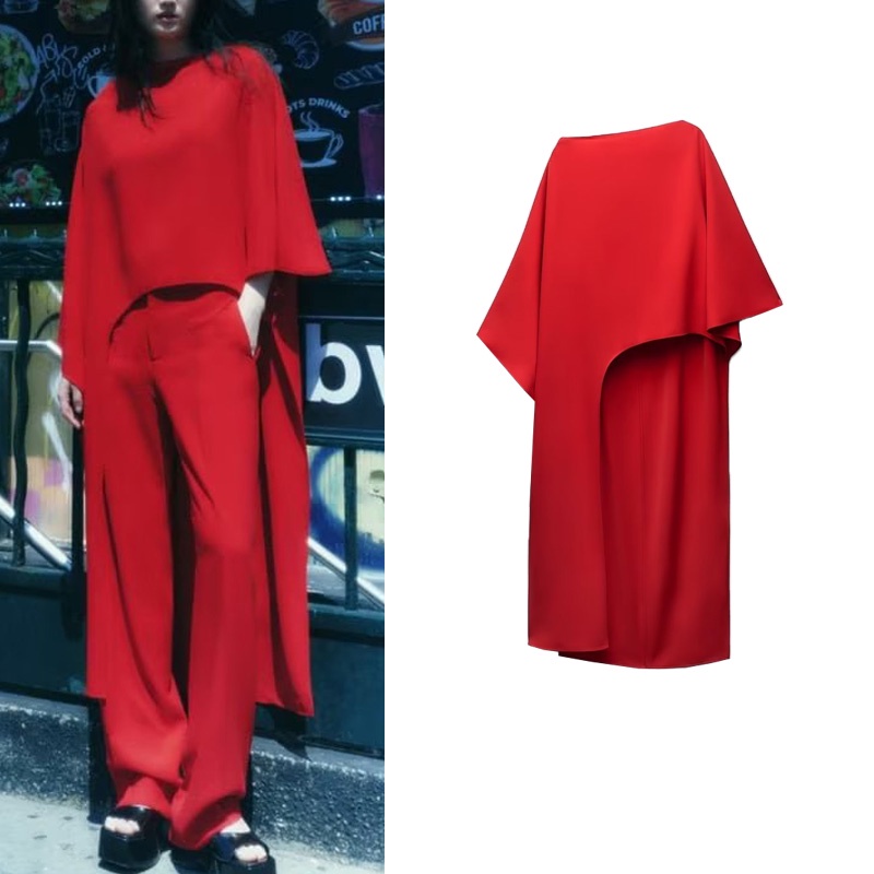 2025 ชุดเดรสเสื้อคลุมดีไซน์อสมมาตรสีแดงหลวมฤดูใบไม้ร่วง 7627117