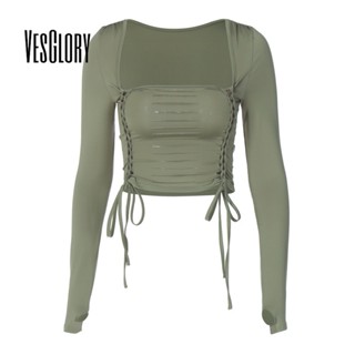 Vesglory เสื้อครอปท็อปแขนยาว คอยู เข้ารูป สีพื้น แฟชั่นสําหรับผู้หญิง 2023