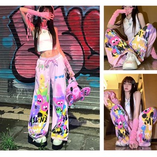 【Jianding】Pink wide pants, long pants Summer New Arrival Loose Waist High Look Skinny Graffiti Casual Pants Walking Bender Pants Baby