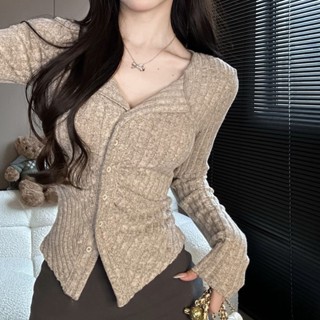 เสื้อคาร์ดิแกนแขนยาว ผ้าถัก คอปกโปโล แบบเข้ารูป สําหรับผู้หญิง