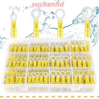 Suchenhd ตัวเชื่อมต่อแหวนหดความร้อน 4 ขนาด 100 ชิ้น #10ขั้วต่อสายไฟทองแดง 1/4 นิ้ว 5/16 นิ้ว 3/8 นิ้ว พร้อมกล่องเก็บ 12-10 AWG สีเหลือง