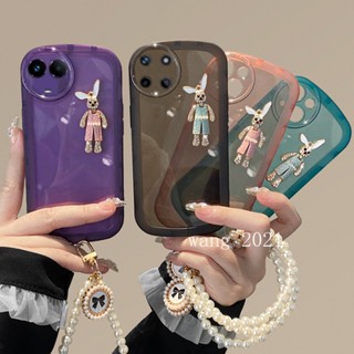 ใหม่ เคสโทรศัพท์มือถือแบบนิ่ม ใส แต่งพลอยเทียม กันรอยเลนส์กล้อง ลายกระต่าย พร้อมสายคล้อง ไข่มุก สีพื้น หรูหรา สําหรับ Realme11 Realme 11 C51 NFC 4G 5G 2023