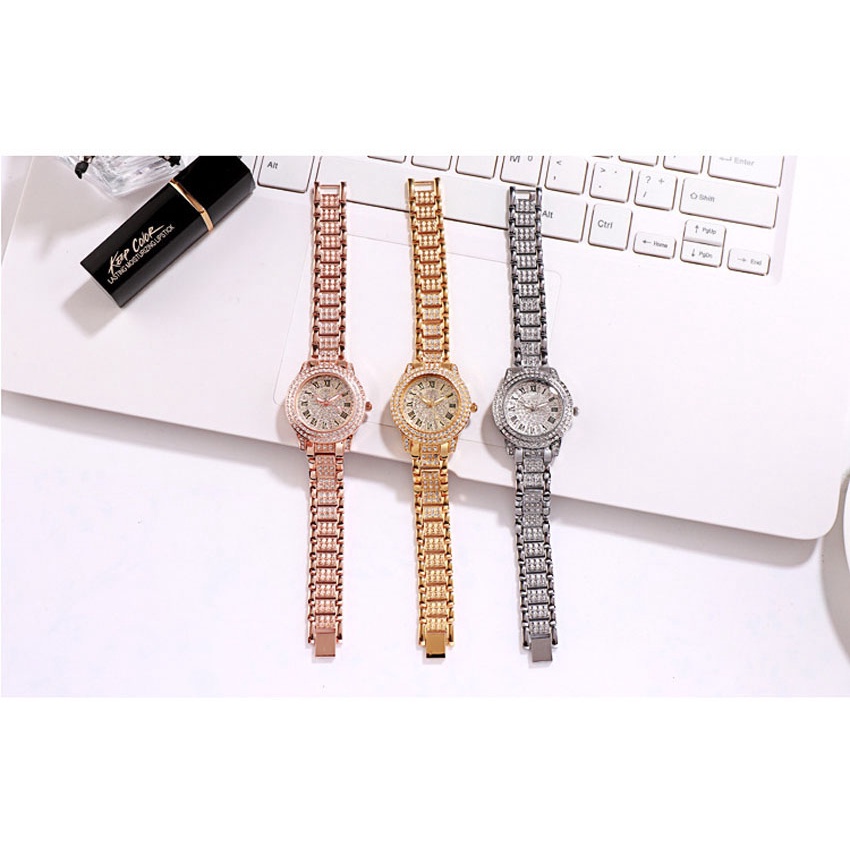 นาฬิกาข้อมือควอตซ์ หน้าปัดทรงกลม ตัวเลขโรมัน ประดับเพชร หรูหรา สําหรับผู้หญิง 2 ชิ้น NOBOX