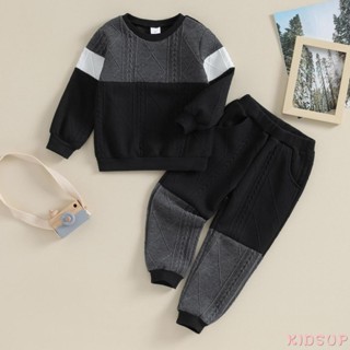 Kidsup1- ชุดเสื้อกันหนาว คอกลม และกางเกงเอวยางยืด สีตัดกัน แฟชั่นฤดูหนาว สําหรับเด็กผู้ชาย 2 ชิ้น