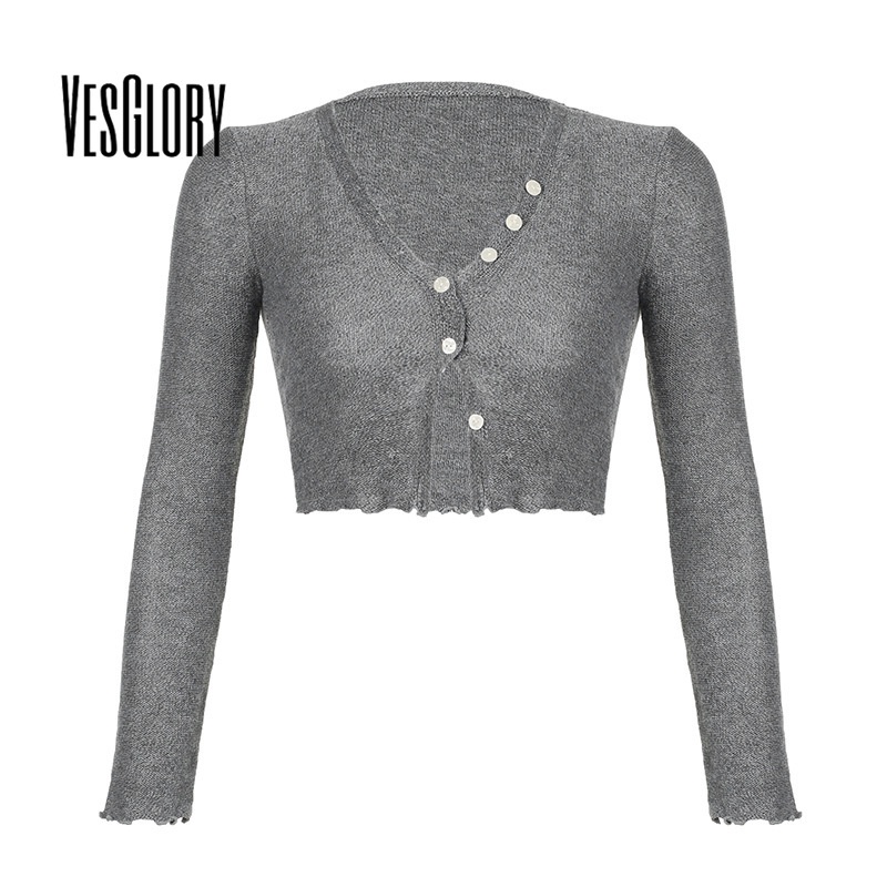 VesGlory ผู้หญิง Crop Top แฟชั่นสีทึบแขนยาวคอกลม Slim Fit Cadigan เสื้อยืด