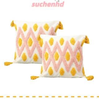 Suchenhd ปลอกหมอน ผ้าทอ 18x18 นิ้ว พร้อมพู่ สีขาว ชมพู เหลือง สไตล์โบโฮ สําหรับตกแต่งบ้าน ห้องนอน ห้องนั่งเล่น 2 ชิ้น