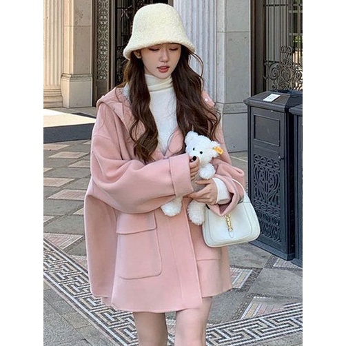 เสื้อโค้ท ผ้าวูล ขนาดเล็ก สีชมพู สไตล์เกาหลี เหมาะกับฤดูหนาว สําหรับผู้หญิง 2023