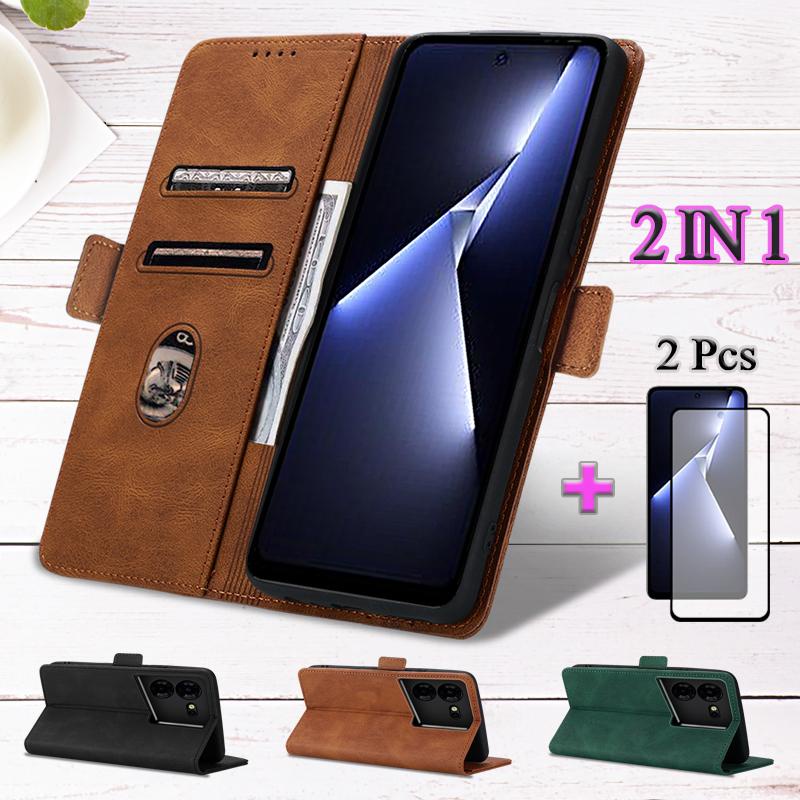 2 IN 1 เคสโทรศัพท์มือถือหนัง พร้อมตัวป้องกันหน้าจอเซรามิค สําหรับ Tecno Pova 5 Pro 5G