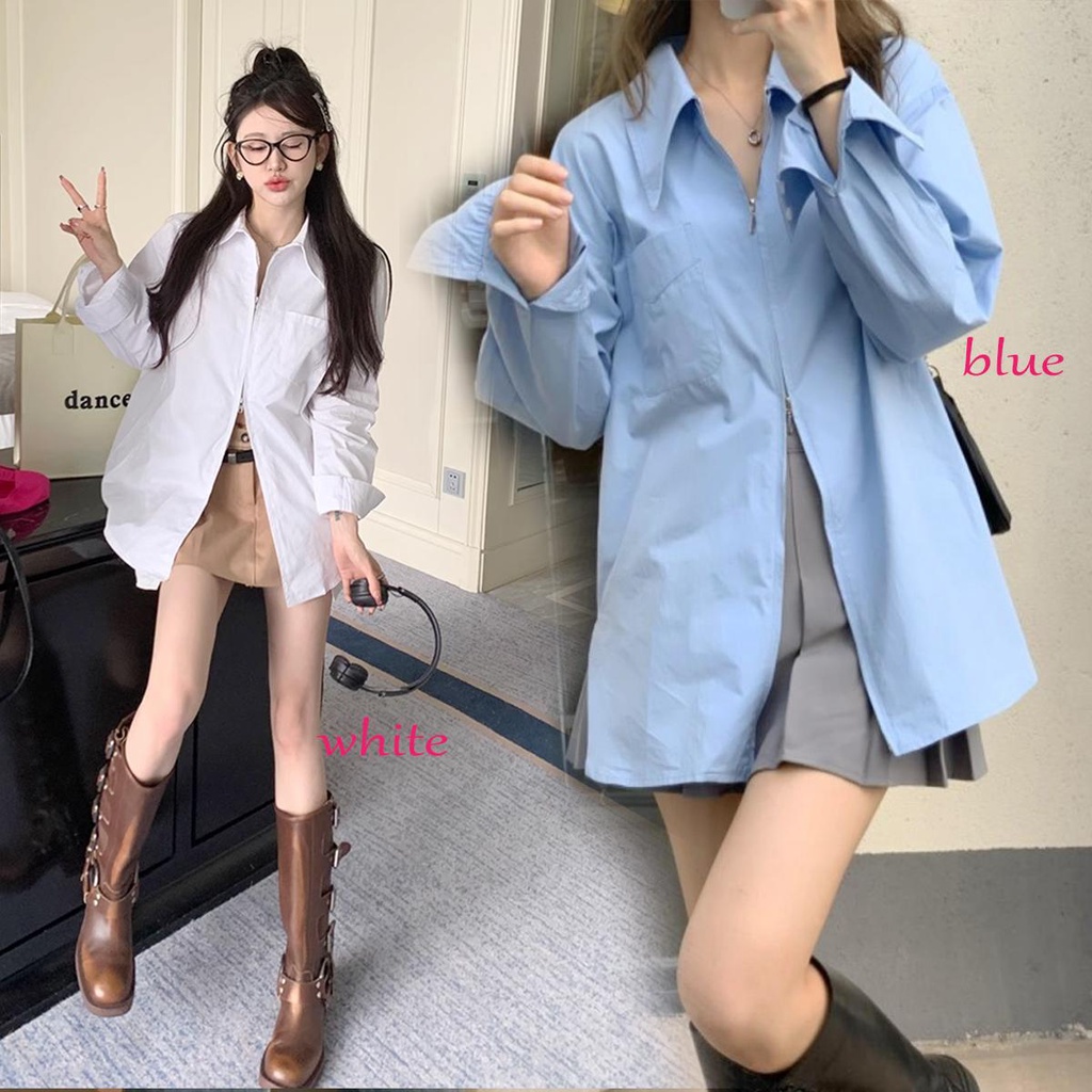 👚พร้อมส่ง👚เสื้อเชิ้ตสีขาว เสื้อเชิ้ตมีซิปน่ารัก แขนยาว คอปก ย้อนยุค สไตล์เกาหลี หลวม มินิมอล สําหรับผู้หญิง#W263