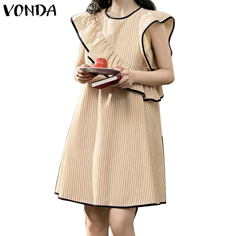 Vonda ชุดเดรสลูกไม้ คอกลม แขนกุด ลายทาง สไตล์เกาหลี สําหรับผู้หญิง