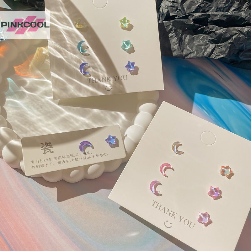 Pinkcool ชุดต่างหูสตั๊ด รูปดาว ดวงจันทร์ สีชมพู สีม่วง น่ารัก เครื่องประดับ สําหรับผู้หญิง Y2K ขายดี