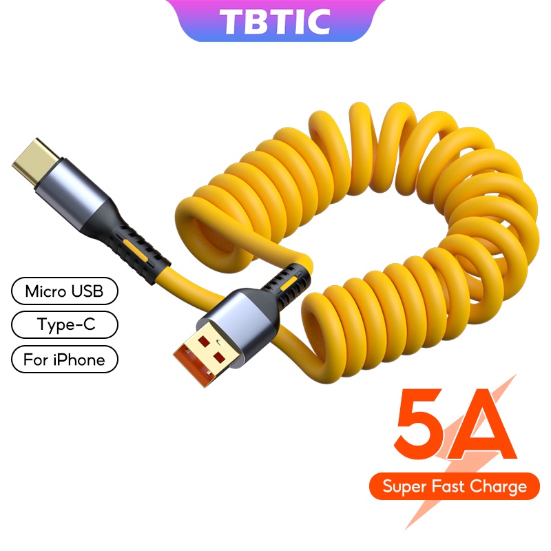 Tbtic TBTIC 5A สายชาร์จ Usb Type C Micro Data Cable สําหรับโทรศัพท์ Android Spring Retractable Usb C Type C PD Cable สําหรับ IPhone Xiaomi