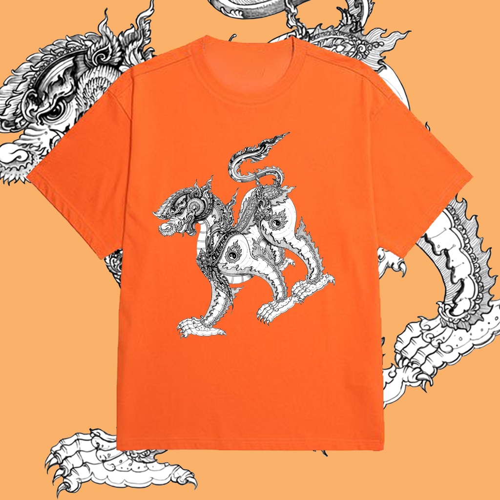 เสื้อยืด ยันต์ราชสีห์ สิงโตหิมพานต์  Yant Rachasri Koo Himapant Lions ไม่จำกัดเพศ ราคาถูก ฝ้าย 100% 