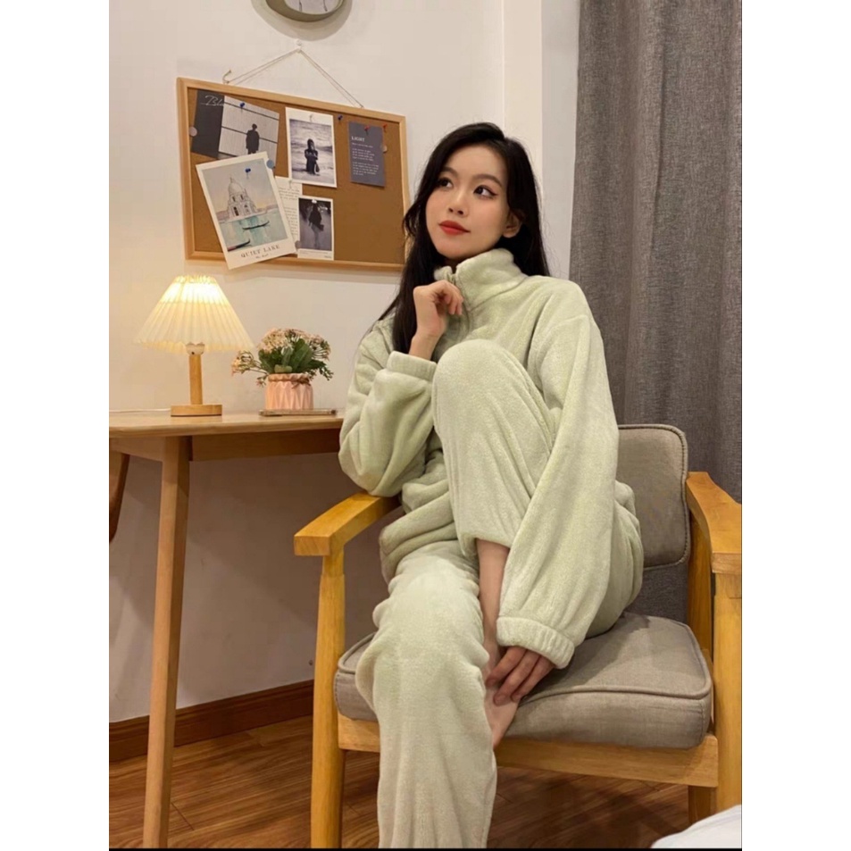 หมีแพนด้าขนแกะชุดนอนหญิงคอสูงซิปหน้าแรกสวมใส่ฤดูใบไม้ร่วงและฤดูหนาวใหม่หนาอบอุ่นสูท