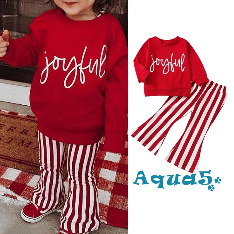 Aqq- ชุดสูท เสื้อแขนยาว คอกลม พิมพ์ลายตัวอักษรคริสต์มาส สีแดง และกางเกงขายาว ประดับกระดิ่ง สําหรับเด็กผู้หญิง