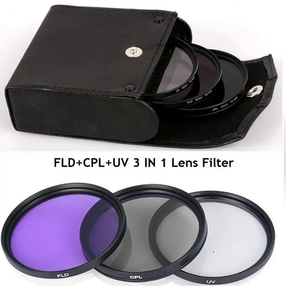 49MM 52MM 55MM 58MM 62MM 67MM 72MM 77MM 3 in 1 Lens Filter Set with Bag UV+CPL+FLD for Cannon for Ni