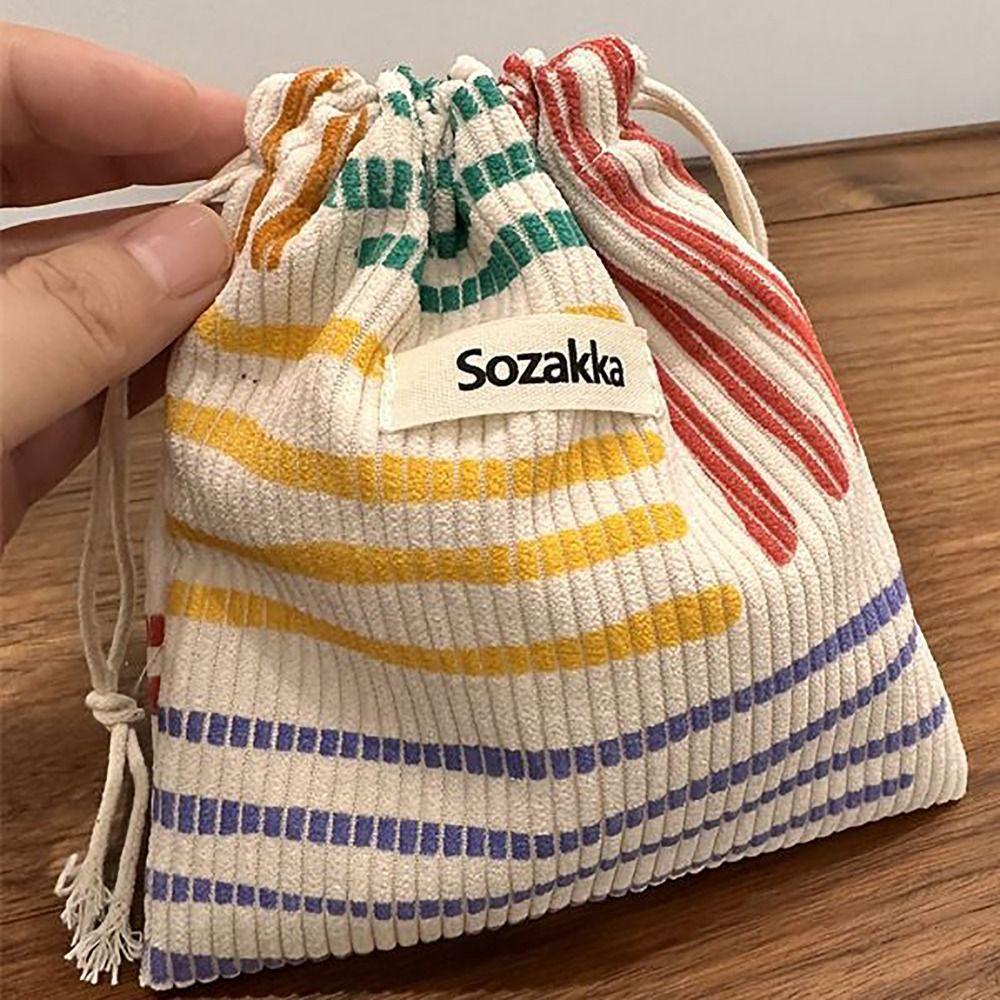Mih Corduroy Drawstring Bag, Color Line Coin Purse Vintage Drawstring Pocket, 2024 Pastoral วรรณกรรมสไตล์เครื่องประดับกระเป๋าผู้หญิงสุภาพสตรี