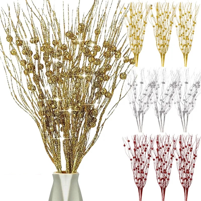 กิ่งไม้ประดิษฐ์ ประดับกลิตเตอร์ สีแดง สีเงิน สําหรับตกแต่งบ้าน ต้นคริสต์มาส