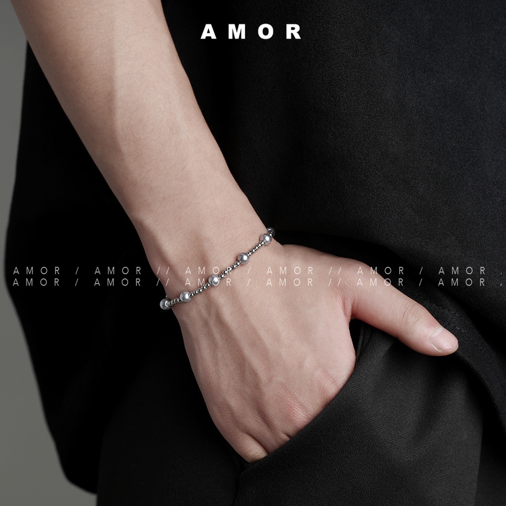 สร้อยข้อมือ สเตนเลส ประดับมุก สีเทา สไตล์ฮิปฮอป สําหรับชาย และหญิง