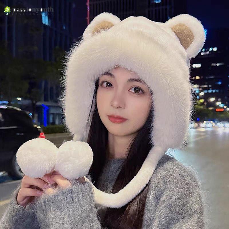 หมวกไหมพรม ขนแกะถัก แบบหนา ป้องกันหู แฟชั่นฤดูหนาว สไตล์เกาหลี สําหรับผู้หญิง