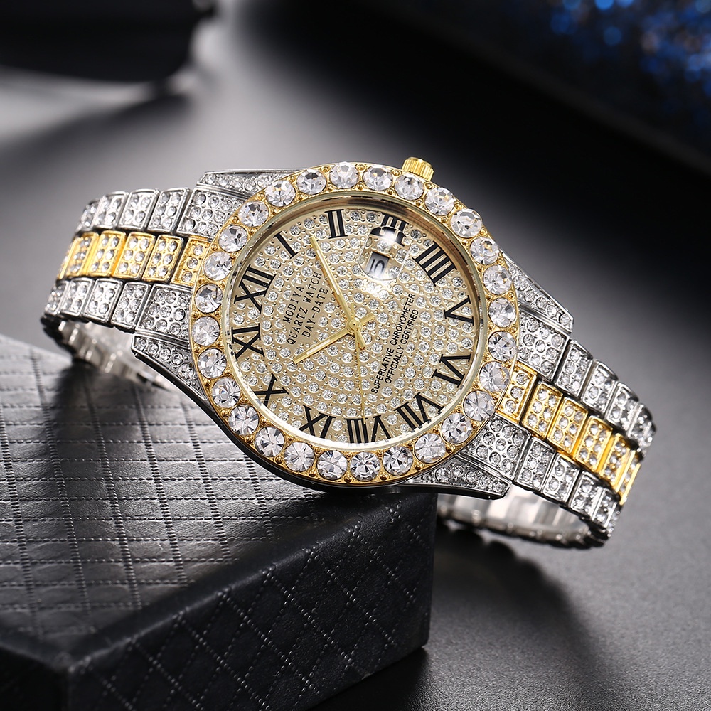 ที่นิยมในโลกออนไลน์ปฏิทิน Rhinestone เต็มหน้าเพชรโรมันสเกลโลหะผสมสายเหล็กนาฬิกาผู้ชายขายส่ง Gypsio Hip Hop นาฬิกาข้อมือผู้ชาย